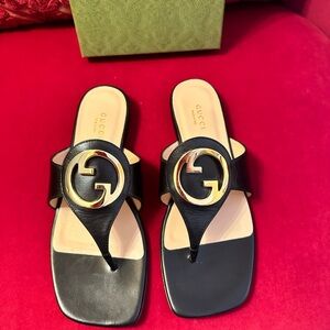 Gucci Black Sandals with Gold Logo